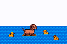 a pixel art drawing of a dachshund and ducks in the water