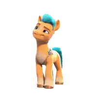 a cartoon pony with a blue mane and tail is standing on its hind legs and smiling .