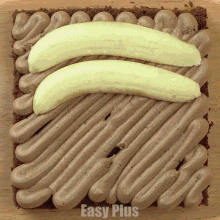 a piece of chocolate cake with two bananas on top and easy plus below it