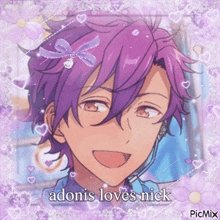 a picture of a boy with purple hair and the words adonis loves nick