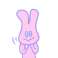 a pink cartoon rabbit with a purple face and a purple nose