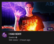 a man in a bulls shirt is holding a purple lightning bolt in his hand