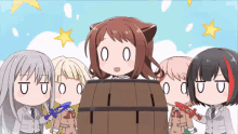 a group of anime girls are standing around a barrel with a girl in it