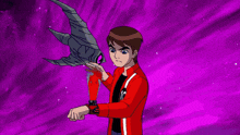 a red silhouette of a person holding a sword with a purple background