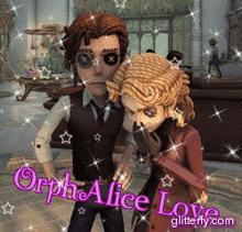 a man and a woman are standing next to each other with the words orphan alice love glitterfy.com written on the bottom