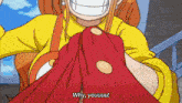 a woman in a yellow shirt is holding a red object and says why youuu