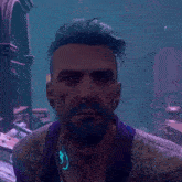 a man with blue hair and a beard is wearing a purple shirt and earrings .