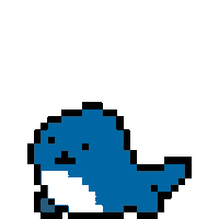 a pixel art drawing of a blue whale on a white background