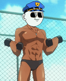 a shirtless man with a police hat and sunglasses is lifting weights