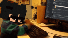 a child is typing on a keyboard while wearing a minecraft headpiece