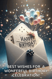 an envelope with balloons and a card that says happy birthday on it