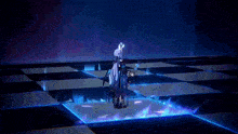 a video game character is standing on a chess board