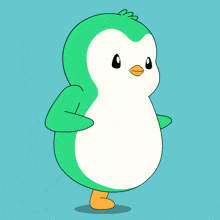 a green and white penguin with an orange beak is standing on a blue background