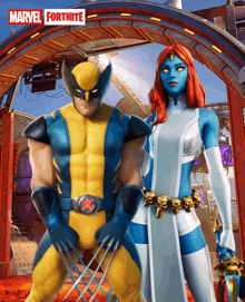 wolverine and mystique standing next to each other with a marvel fortnite logo in the background