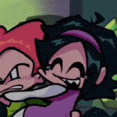 a cartoon of a boy and a girl with purple hair
