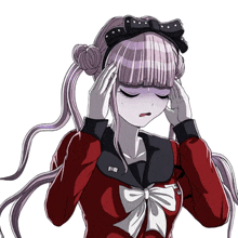 a girl with purple hair and a bow on her head holds her head