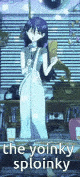 a girl in overalls is standing in front of a window with the words the yoinky sploinky written on the bottom