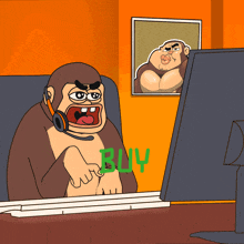 a cartoon of a gorilla sitting in front of a computer with the word buy written on the screen