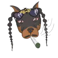 a doberman wearing sunglasses and braids smoking a cigarette