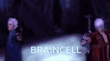 two devil may cry characters holding guns in front of a blue background that says braincell on it