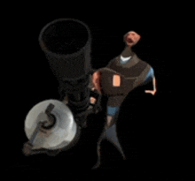 a cartoon character is standing next to a large cannon