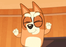 a cartoon dog with its eyes closed and its paws outstretched