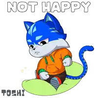 a cartoon cat is sitting on a pillow with the words " not happy " below it