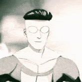 a black and white drawing of a man with glasses and a shaved head