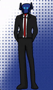 a drawing of a man in a suit with a blue face
