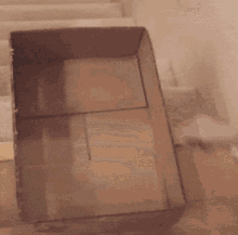 a cat is looking out of a cardboard box on a table