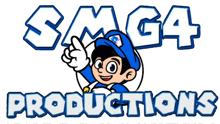 a logo for smg4 productions with a cartoon character pointing