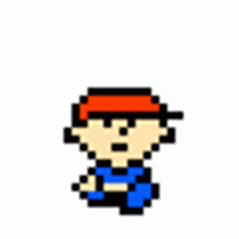 a pixel art drawing of a man wearing a red hat and blue pants .
