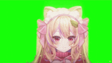 a girl with cat ears and a bow on her head is smiling on a green background .