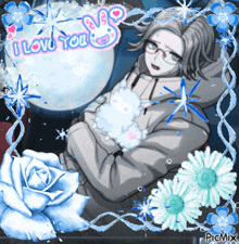a picture of a man holding a stuffed animal with the words " i love you " written above him