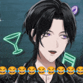 a man with purple eyes is surrounded by laughing emojis