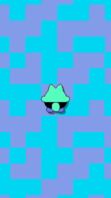 a pixel art drawing of a pink frog on a blue and purple checkered background