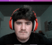 a man wearing red headphones looks at the camera with a purple background that says " do n't miss call "