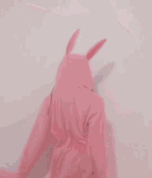 a woman wearing a pink hoodie with bunny ears and a black mask on her face .