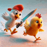 a cartoon chicken holding a knife next to a chicken with a red hat