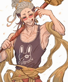 a drawing of a man wearing a usacman tank top holding a stick