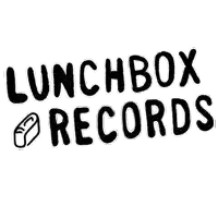 a black and white logo for lunchbox records with a picture of a lunchbox .