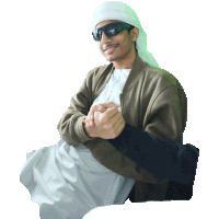 a man wearing sunglasses and a head scarf is holding another man 's hand