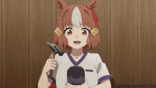 a girl with a horse head holds a hammer in her hand