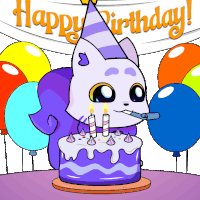 a cartoon of a cat blowing out candles on a birthday cake with the words happy birthday behind it