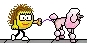 a pixel art cartoon of a man and a pink poodle on a leash .