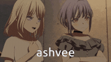two anime girls standing next to each other with the word ashvee on the bottom right