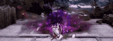 a person is standing in front of a purple glowing object in a video game .