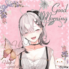 a picture of a girl with a butterfly and the words good morning on it
