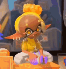 a cartoon character is sitting on a table with a bun on her head .