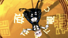 a girl in a blue dress is hanging upside down in front of chinese writing